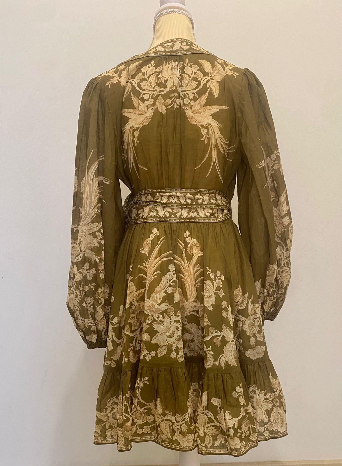 Zimmermann Olive Green Floral Printed Cotton Mini Anneke Wrap Dress thumbnail 2