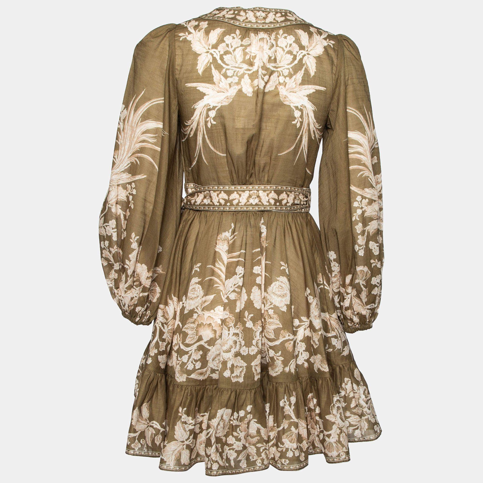 Zimmermann Olive Green Floral Printed Cotton Mini Anneke Wrap Dress thumbnail 3