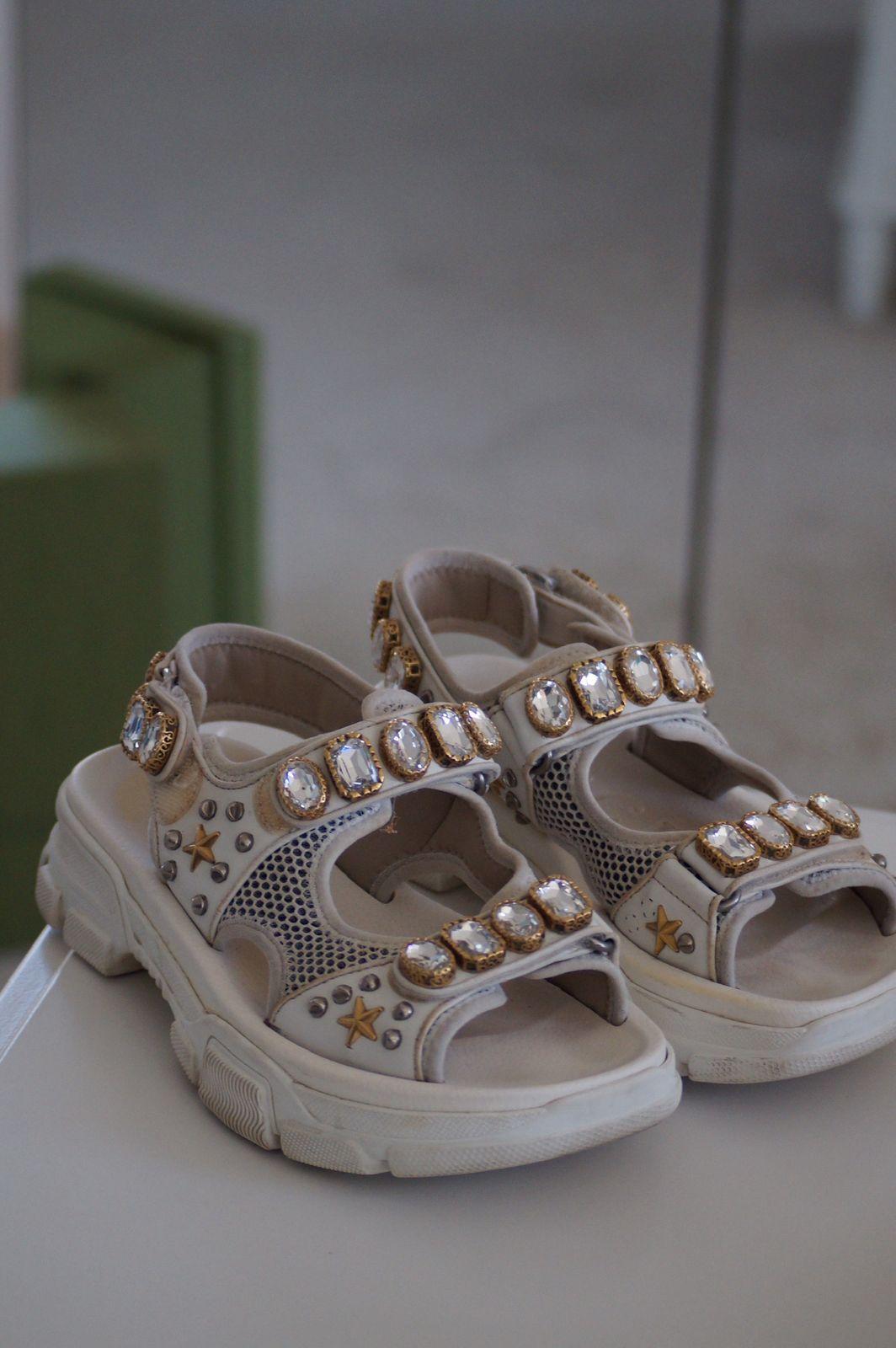 Gucci White Leather and Mesh Crystal Sandals thumbnail 2