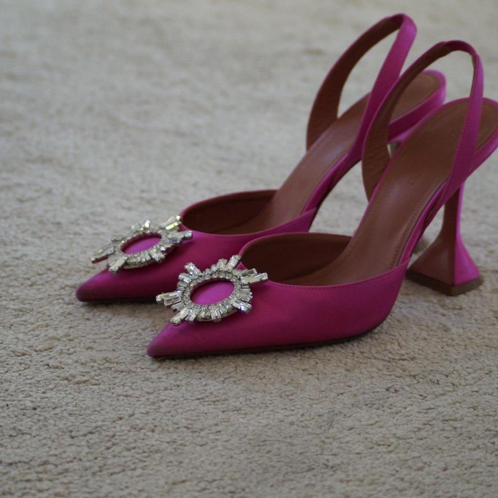 Amina Muaddi Pink Satin Begum Slingback Pumps thumbnail 1