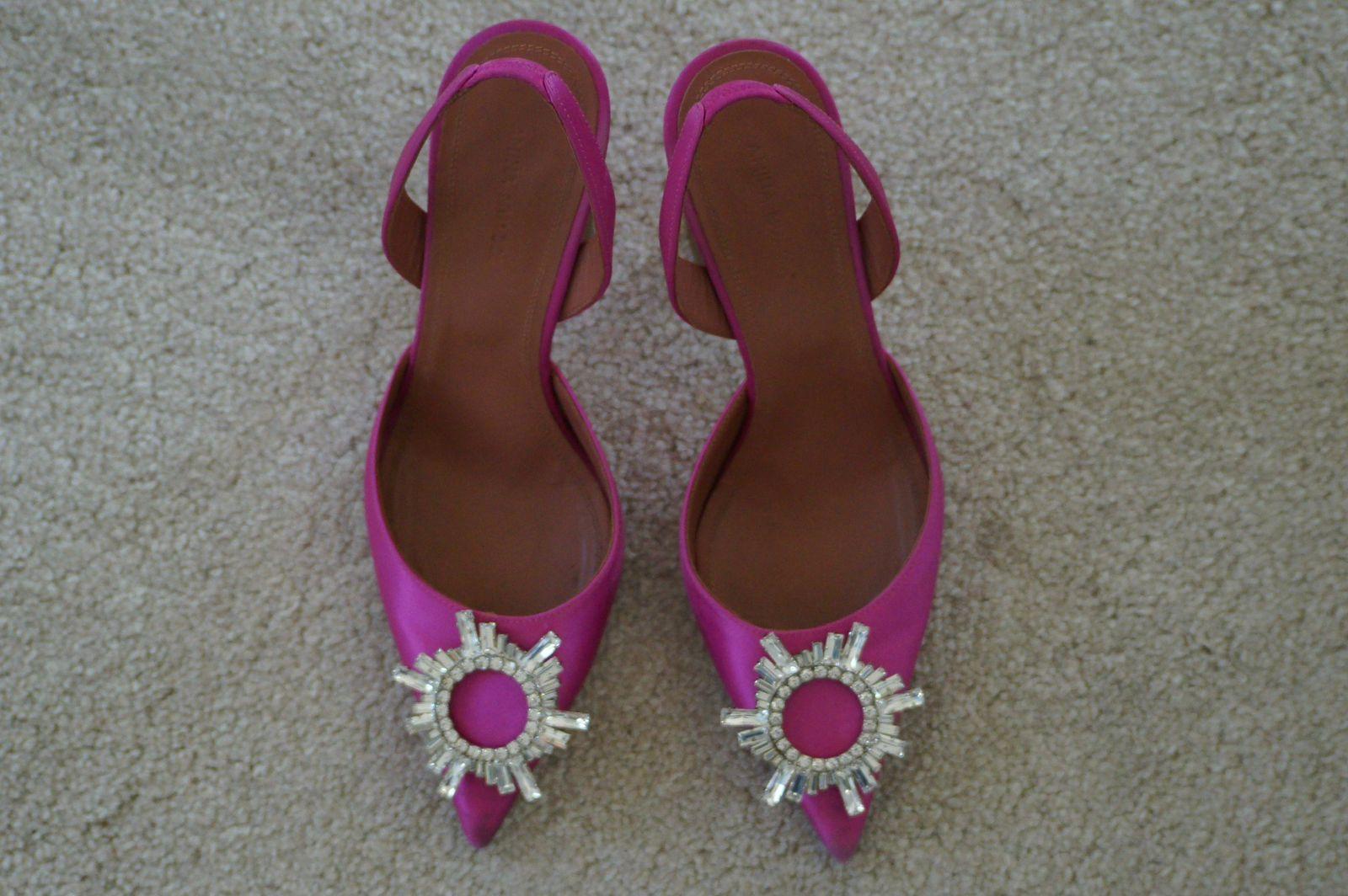 Amina Muaddi Pink Satin Begum Slingback Pumps thumbnail 2