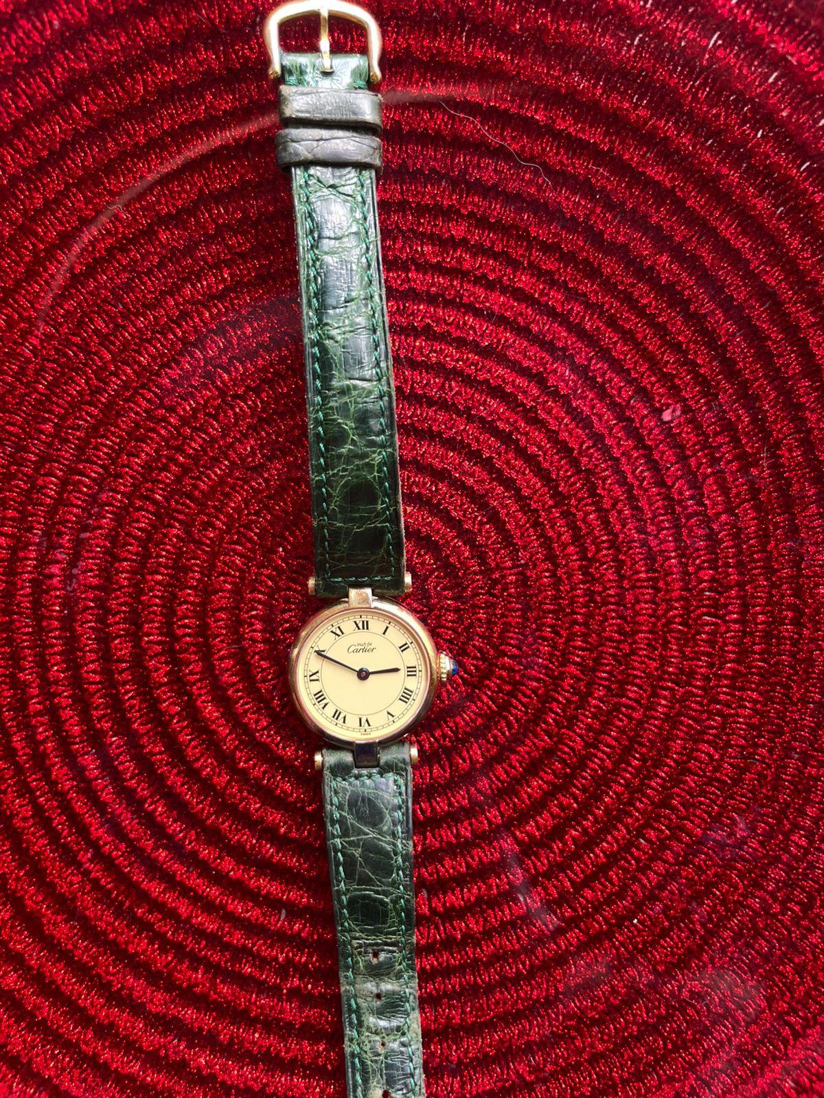 Cartier Vintage Gold Vermiel Leather Green Wristwatch 24 mm thumbnail 2