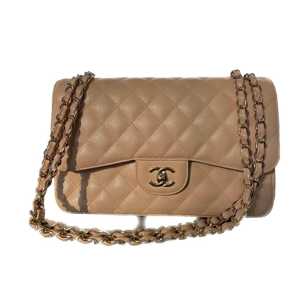 Chanel Beige Quilted Caviar Leather Jumbo Classic Flap Bag thumbnail 1
