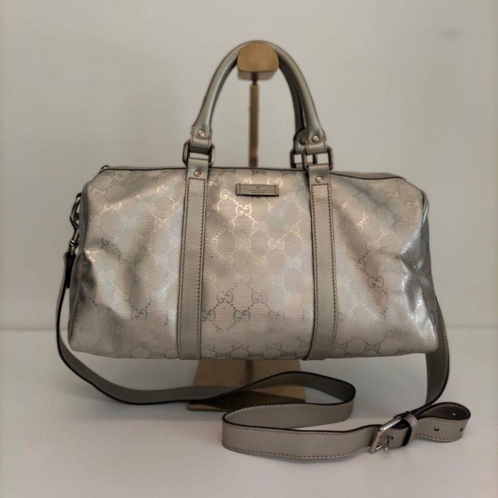 Gucci Grey Metallic GG Supreme Canvas and Leather Medium Joy Boston Bag thumbnail 1