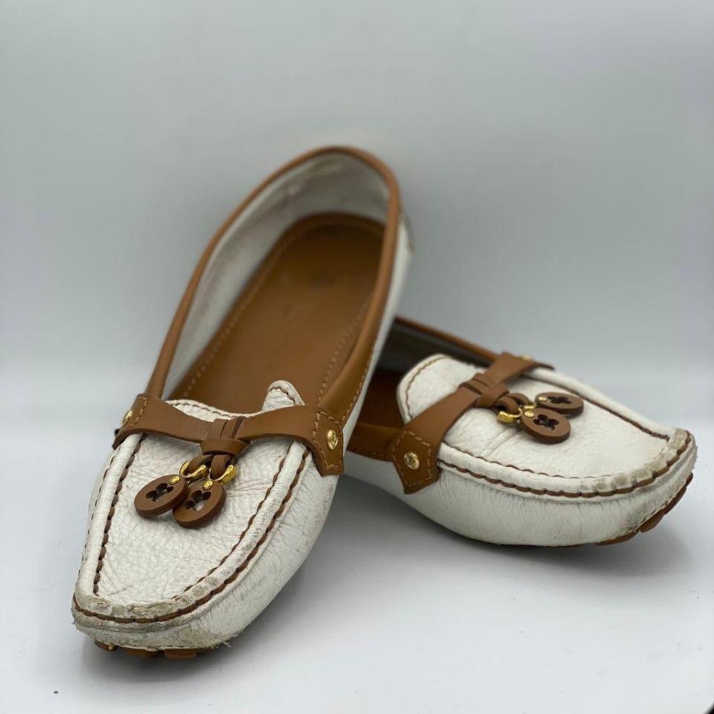 Louis Vuitton White/Brown Leather Slip On Loafers thumbnail 1