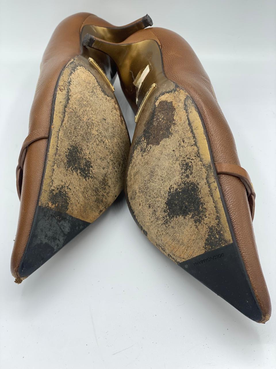 Dolce & Gabbana Brown Leather Logo Pointed Toe Slingback Pumps thumbnail 3