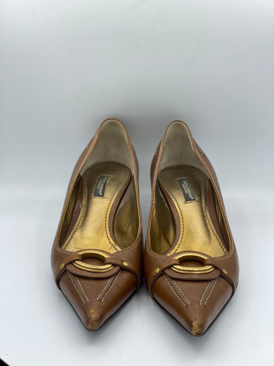 Dolce & Gabbana Brown Leather Logo Pointed Toe Slingback Pumps thumbnail 4