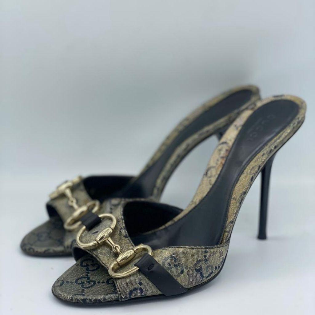Gucci Grey/Navy Blue GG Supreme Canvas Horsebit Open-Toe Slide Sandals thumbnail 1