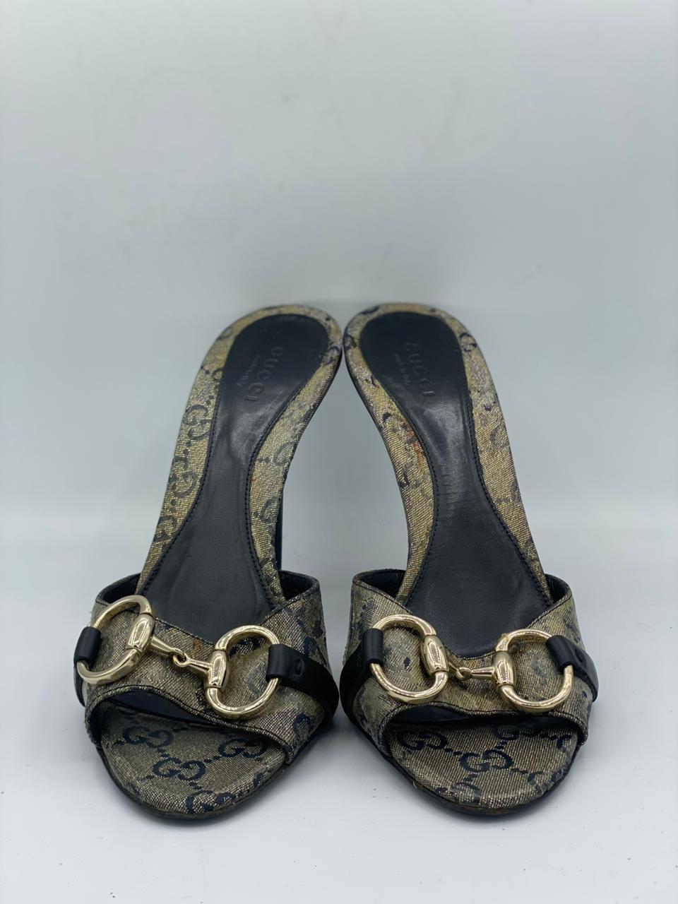 Gucci Grey/Navy Blue GG Supreme Canvas Horsebit Open-Toe Slide Sandals thumbnail 3