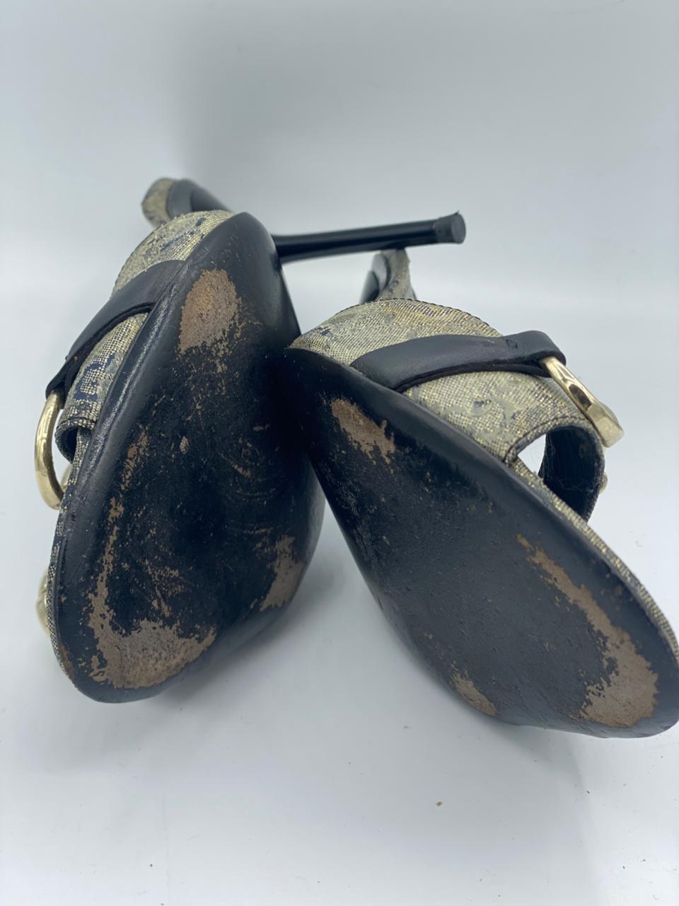 Gucci Grey/Navy Blue GG Supreme Canvas Horsebit Open-Toe Slide Sandals thumbnail 4