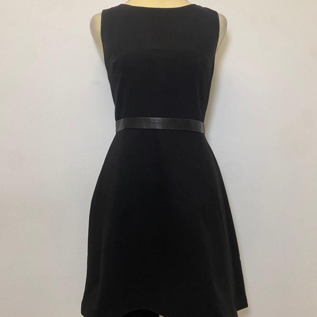 Alice + Olivia Colby Leather Trim Cascade High Low Sleeveless Black Dress. thumbnail 1