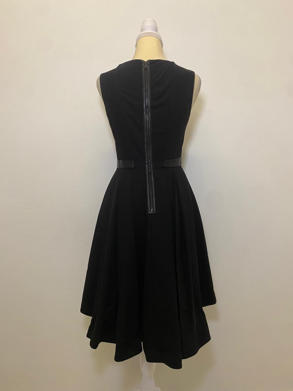 Alice + Olivia Colby Leather Trim Cascade High Low Sleeveless Black Dress. thumbnail 2