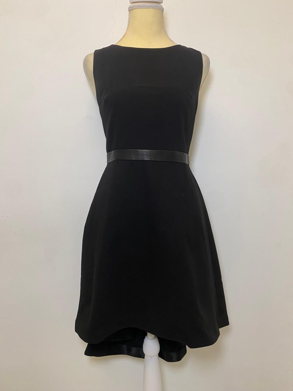 Alice + Olivia Colby Leather Trim Cascade High Low Sleeveless Black Dress. thumbnail 4