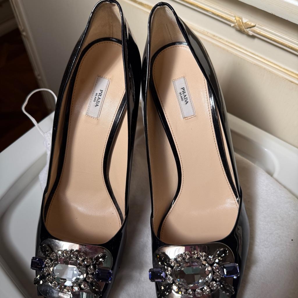 High heel black Prada shoes with crystal embellishments thumbnail 1