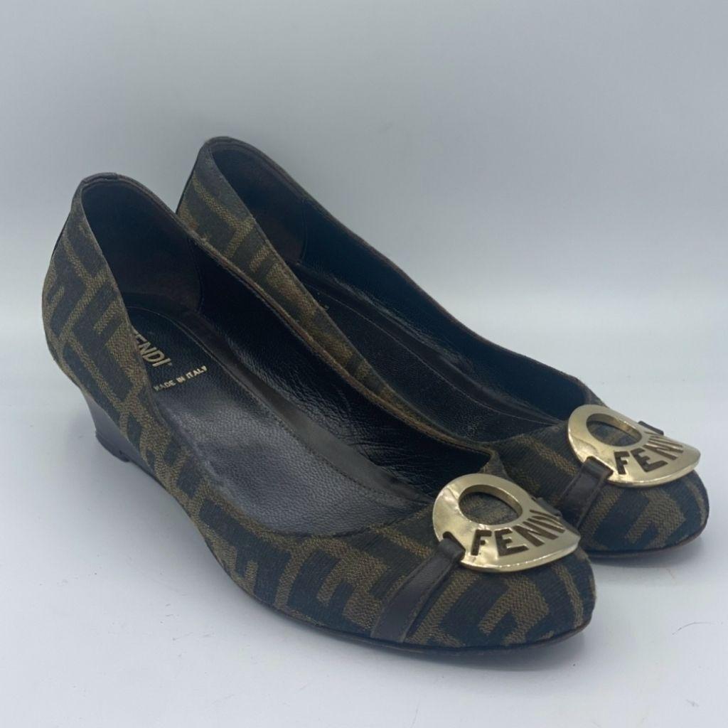 Fendi Brown Zucca Canvas And Leather Wedge Pumps