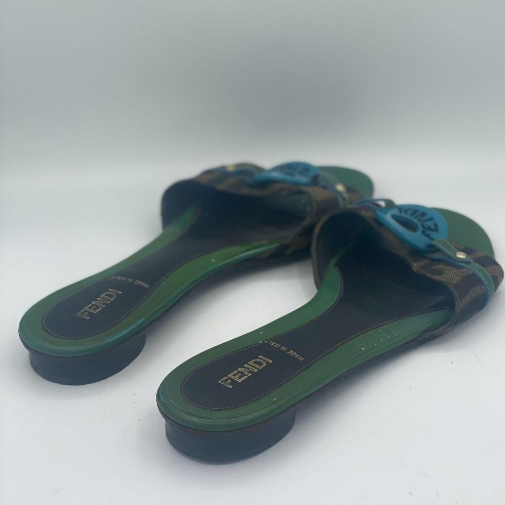 Fendi Brown & Green Zucca Canvas & Patent Leather Flat Slides thumbnail 1