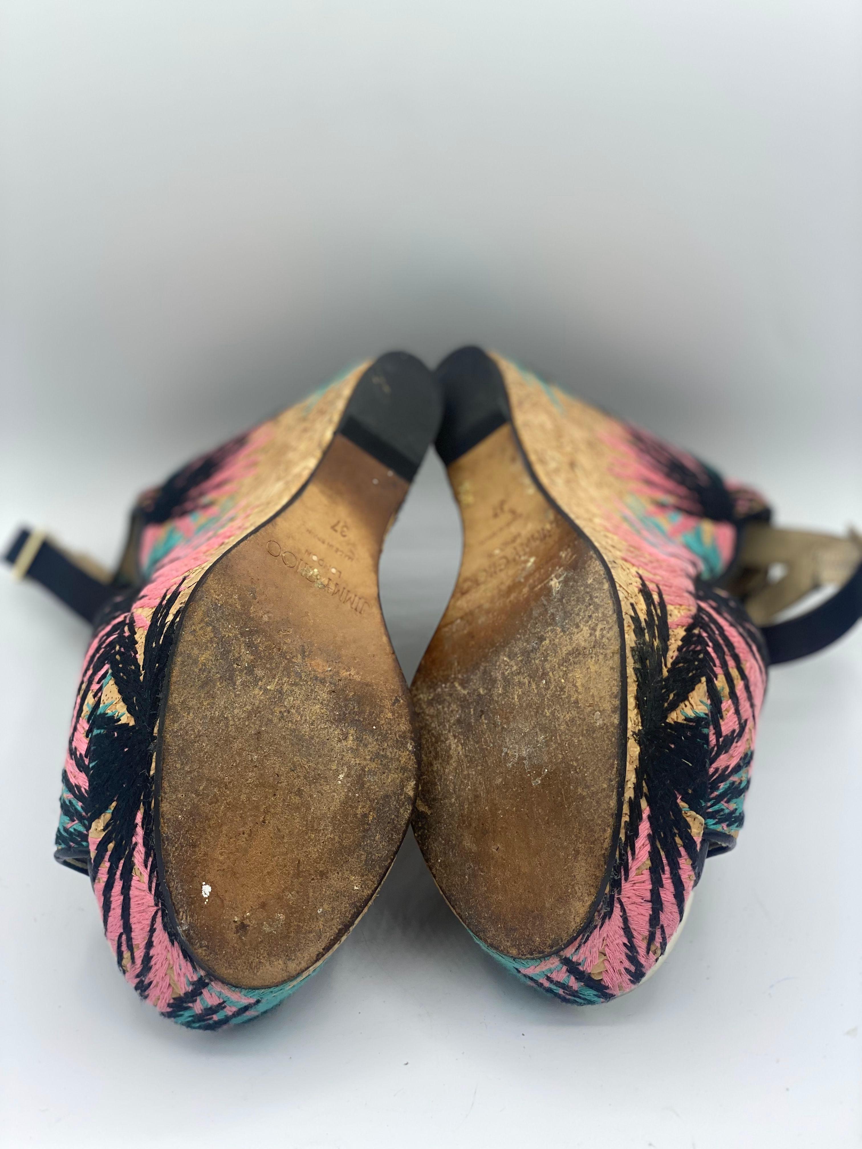 Jimmy Choo Brown Embroidered Cork and Leather T-Strap Platform Wedge Sandals Size 37 thumbnail 2