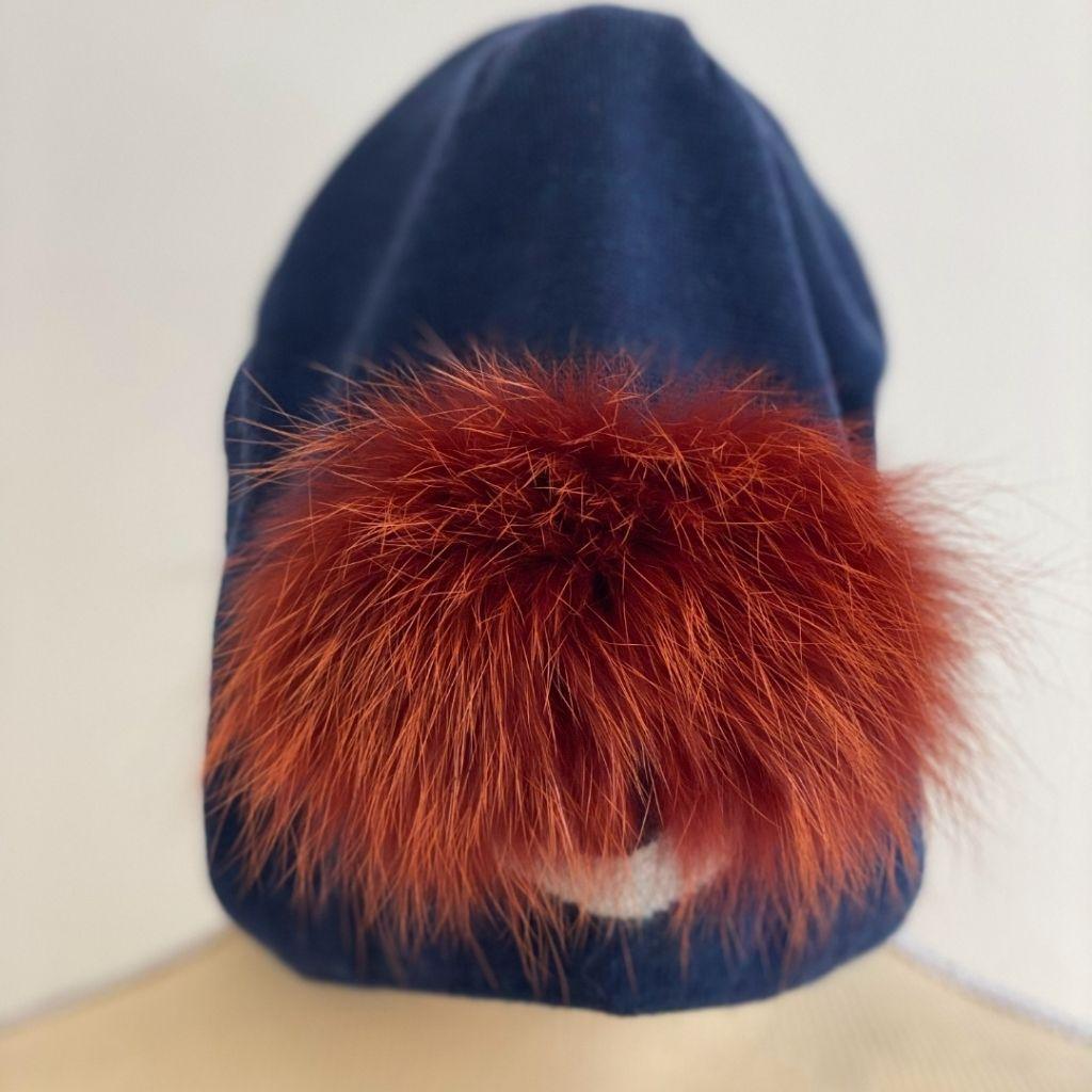 Fendi Navy Blue Wool Fox Fur Wonders Beanie ( One Size )