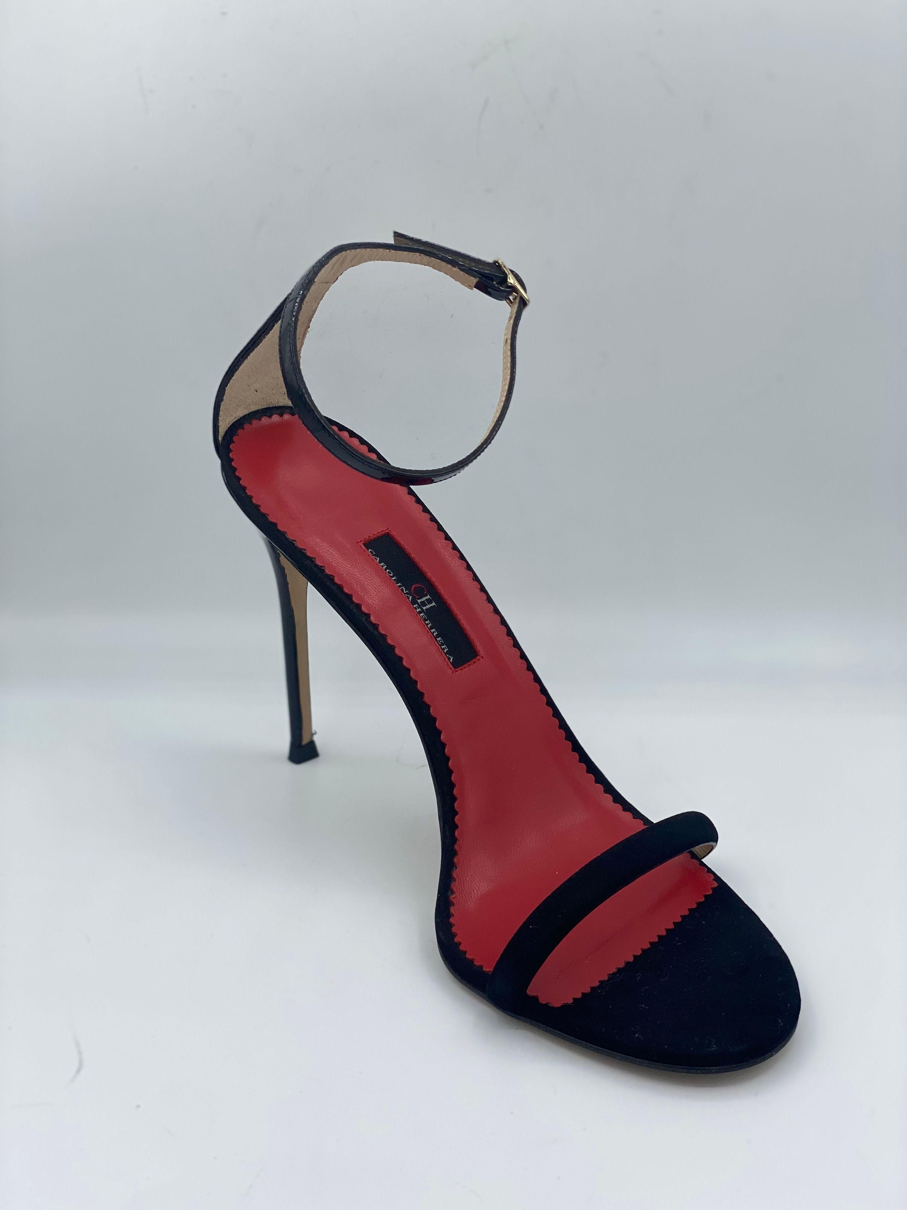 CH Carolina Herrera black suede ankle-strap stiletto sandals with a red sole. thumbnail 2