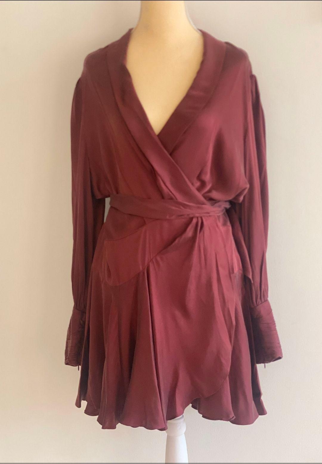 Zimmermann Burgundy Silk Satin Wrap Mini Dress thumbnail 2