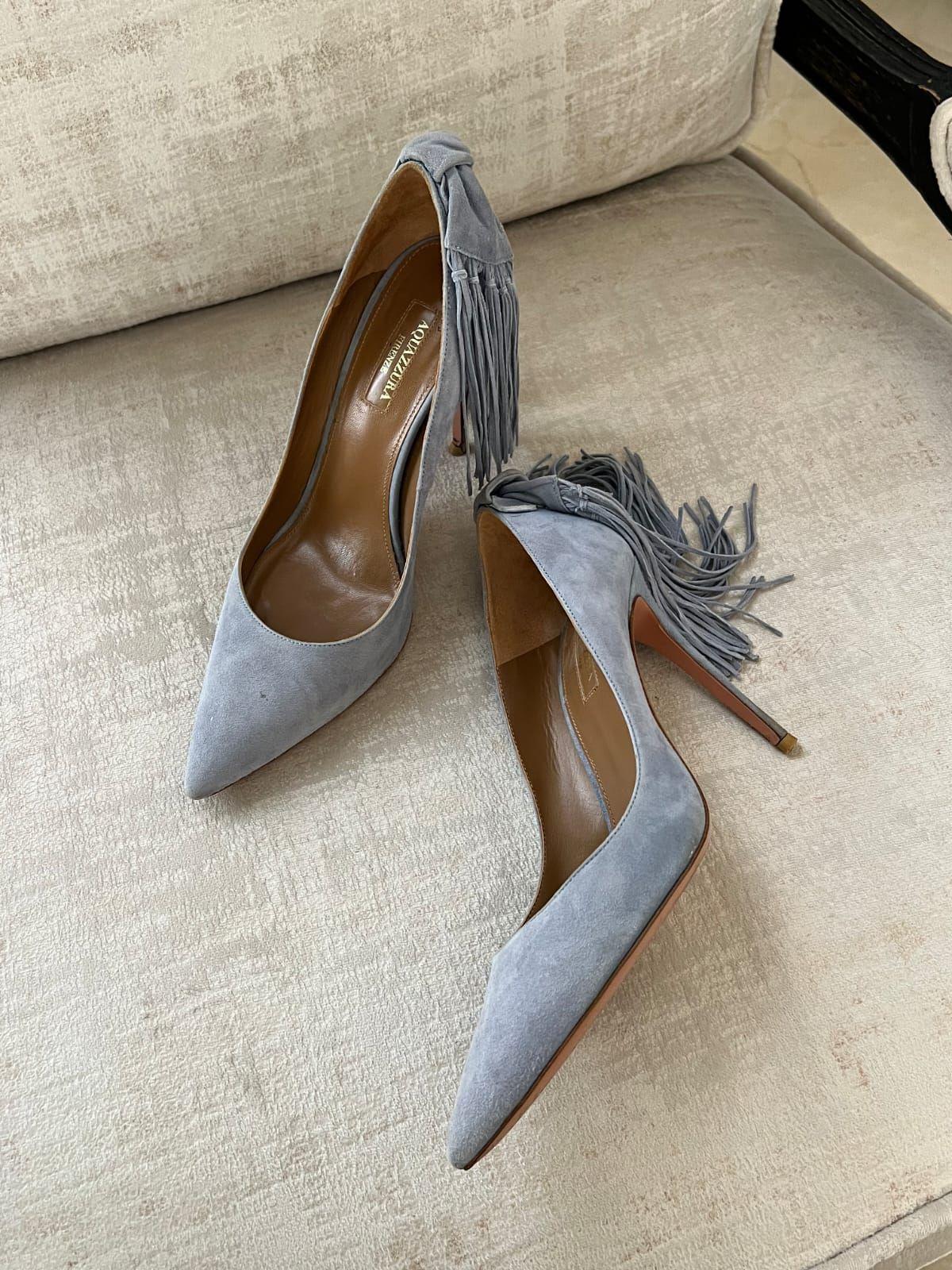 Aquazzura Grey Suede Bow Fringe Pumps thumbnail 4