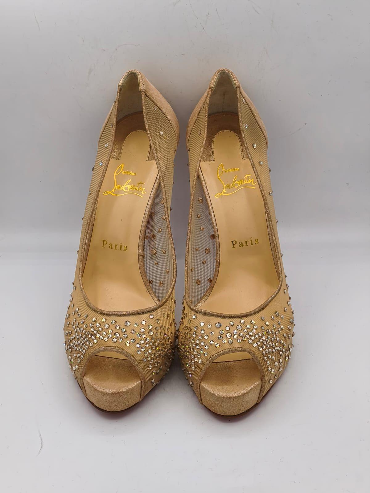 Christian Louboutin Gold Mesh And Leather Trim Follies Strass Pointed Toe Pumps Size 39 thumbnail 4