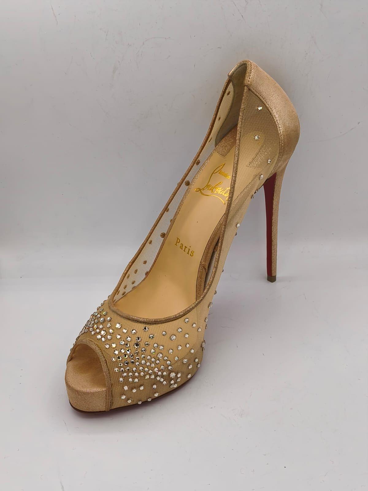 Christian Louboutin Gold Mesh And Leather Trim Follies Strass Pointed Toe Pumps Size 39 thumbnail 5