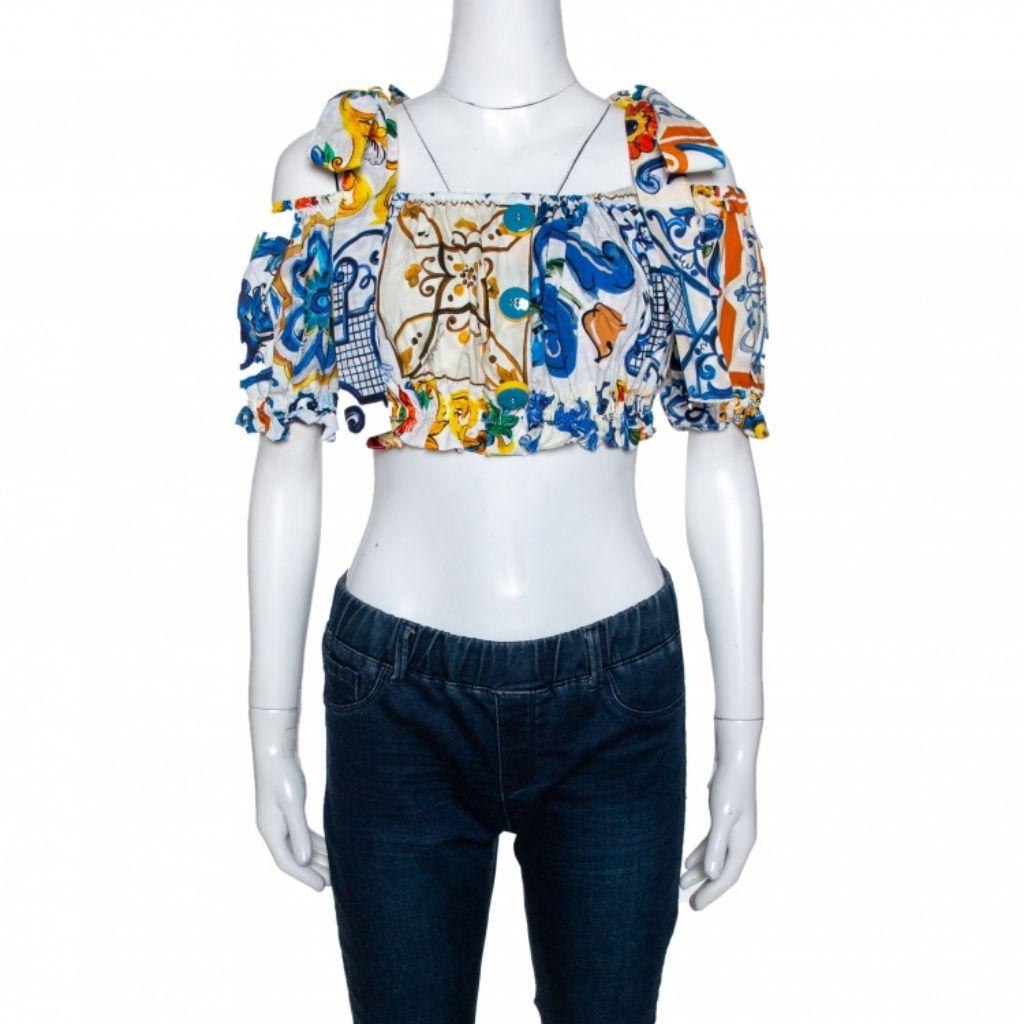 Dolce & Gabbana Multicolor Cotton Majolica Print Off Shoulder Cropped Top