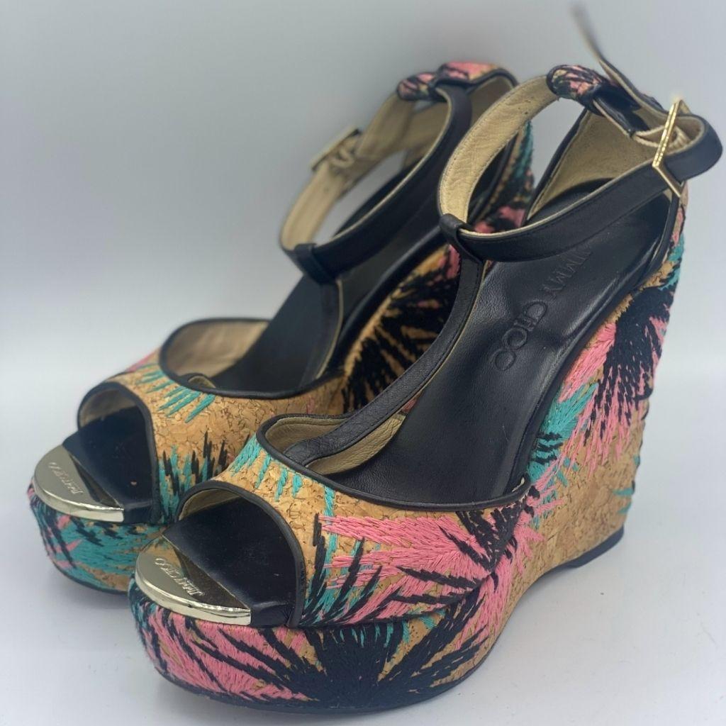 Jimmy Choo Brown Embroidered Cork and Leather T-Strap Platform Wedge Sandals Size 37